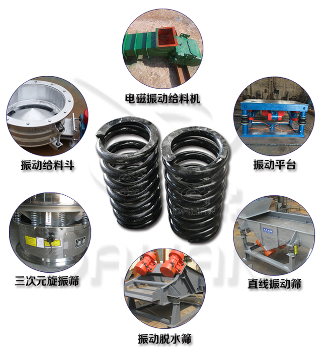 旋振篩減震彈簧適用產(chǎn)品：振動(dòng)給料機，電磁振動(dòng)給料機，振動(dòng)平臺，直線(xiàn)振動(dòng)篩，振動(dòng)脫水篩，三次元旋振篩。