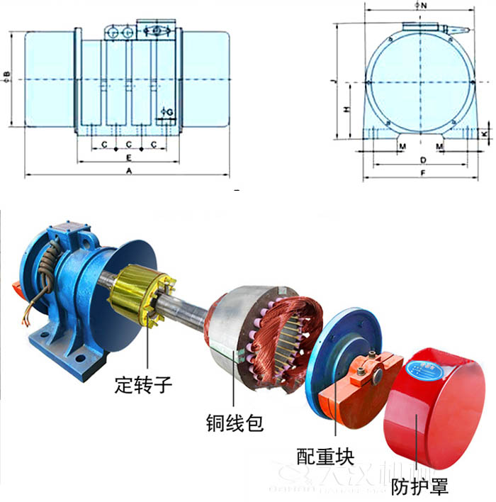 ZFB倉壁振動(dòng)器外形尺寸字母代表：A為整機長(cháng)度F為整機寬度B為主機寬度等。結構：定轉子，銅線(xiàn)包，配重塊，防護罩等。