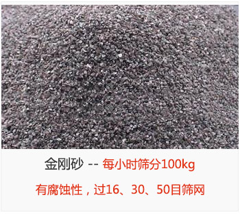 篩分金剛砂每小時(shí)100kg，有腐蝕性，過(guò)16、30、50目篩網(wǎng)
