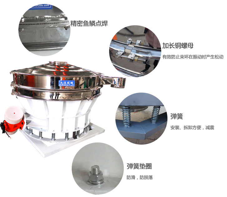 1500直排篩細節展示：彈簧，彈簧墊圈，加長(cháng)銅螺母。
