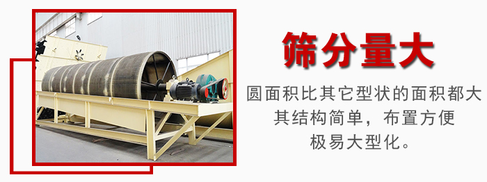 滾筒篩篩分產(chǎn)量大，產(chǎn)量可達200噸/時(shí)