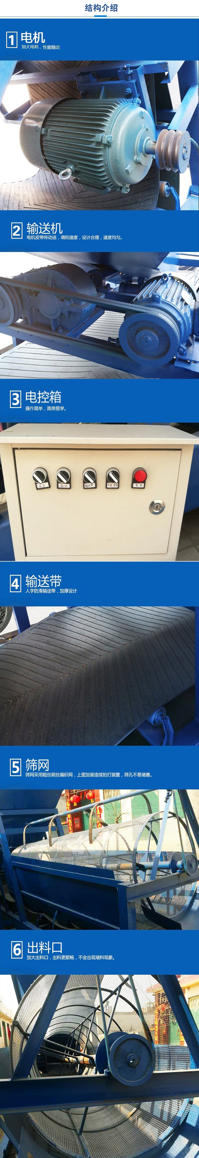 移動(dòng)篩沙機結構:電機，加大電機，性能相對比較穩定。輸送機：電機皮帶傳動(dòng)送，調和速度，設計合理，速度均勻。電控箱：操作簡(jiǎn)單，簡(jiǎn)便易學(xué)。輸送帶：人字防滑輸送帶，加厚設計。篩網(wǎng)，采用粗絲鋼絲編織而成的篩網(wǎng)，上面加裝連續拍打裝置，篩孔不易堵塞。出料口：加大出料口，出料更順暢，不會(huì )出現堵料現象。