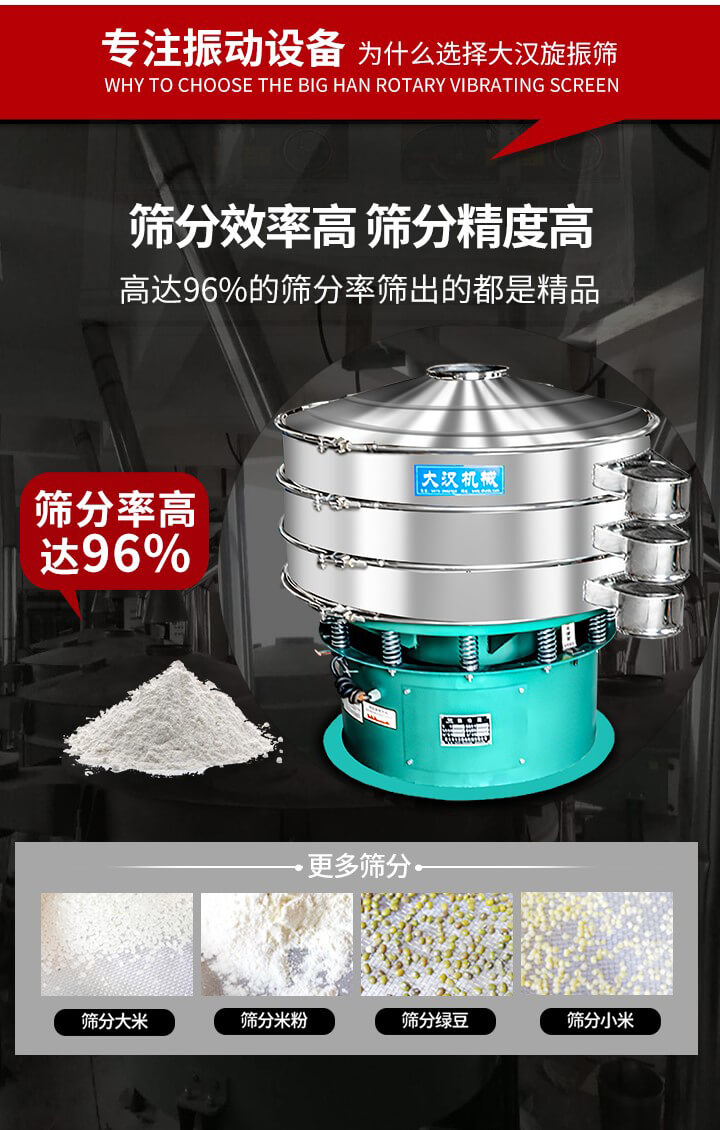 旋振篩結構：進(jìn)料口，網(wǎng)架，防塵蓋，出料口，加重塊，束環(huán)，上部重錘，彈簧，下部重錘等。