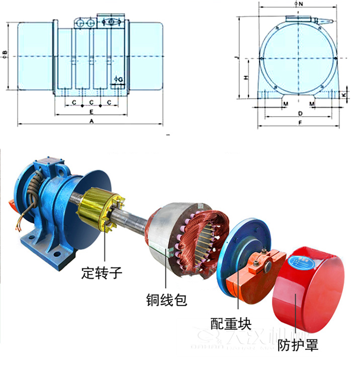 YZS振動(dòng)電機內部主要部件：定轉子，銅線(xiàn)包，配重塊，防護罩。