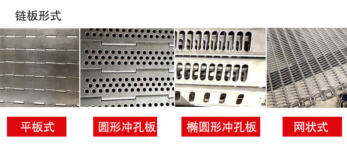 鏈板輸送機鏈板的不同形式：平板式，圓形沖孔板，網(wǎng)狀式等